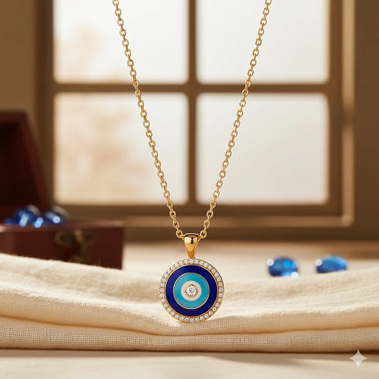 Elegant 14k gold evil eye necklace with a delicate chain and blue enamel detailing, perfect for protection and style.