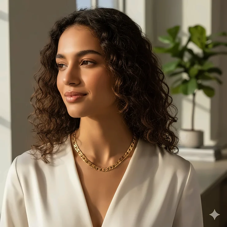 Stunning close-up of a high-polish 14k gold Figaro necklace on a model's neck, showcasing the alternating link pattern.