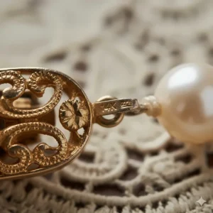 Macro shot of the tiny 14k gold hallmark or stamp found on the metal setting of the vintage pearl necklace.