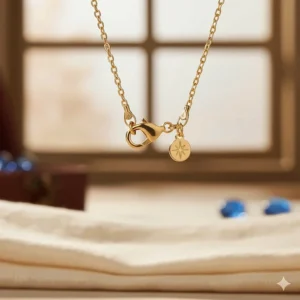 Detailed shot of the secure lobster clasp and adjustable chain on the 14k gold necklace.