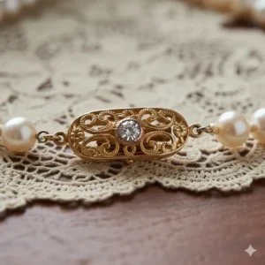Detailed shot of the 14k gold clasp on the vintage pearl necklace, highlighting the delicate craftsmanship and safety closure.
