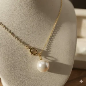 Detail shot of the secure 14k gold clasp and the setting that holds the genuine pearl in the necklace.