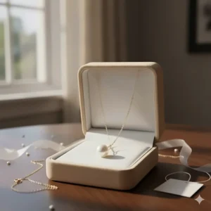 The complete 14k gold pearl necklace product ready for gifting, packaged neatly inside a jewelry box.