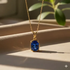 Luxurious 14k gold pendant necklace featuring a deep blue sapphire gemstone in a bezel setting.