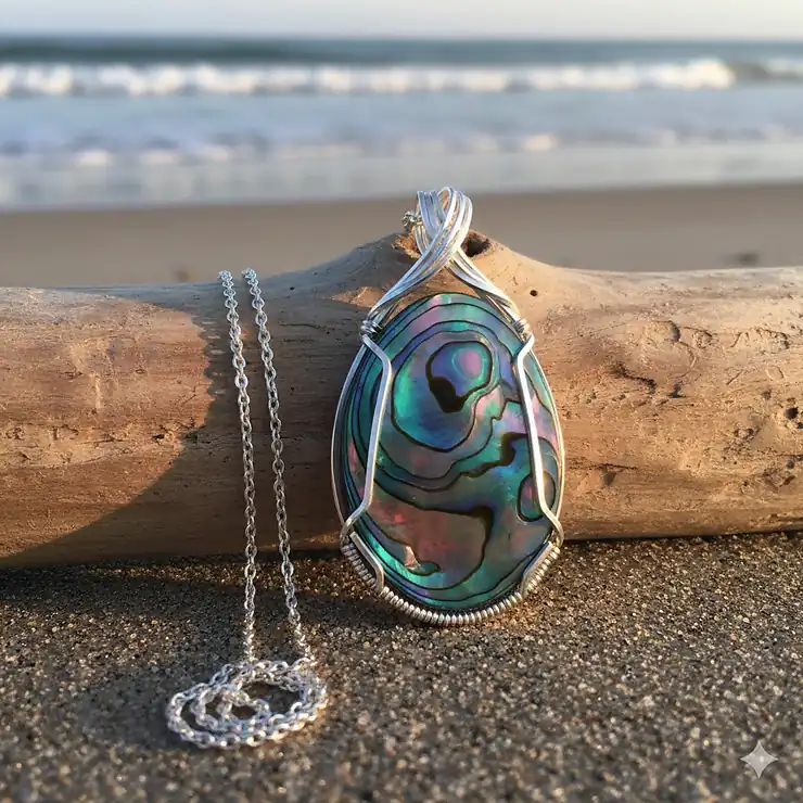 Stunning abalone shell necklace pendant featuring vibrant, iridescent colors.