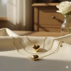 Image demonstrating the adjustable lengths available for this 14k gold heart necklace.