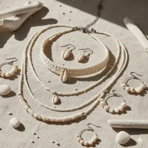 An assortment of handmade white shell necklace styles and matching earrings, showcasing a full shell jewelry collection.