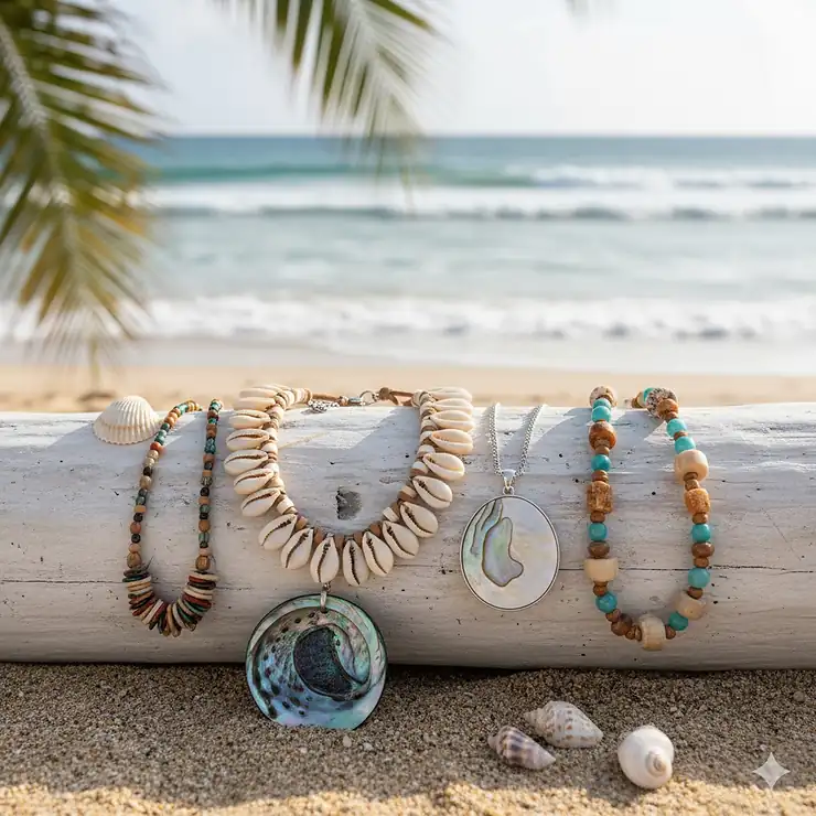 A close-up shot of the best shell necklaces featuring natural cowrie shells and polished puka shells, perfect for a summer beach look.