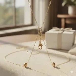 Detail of the secure lobster clasp and adjustable chain of the 14k gold initial necklace.