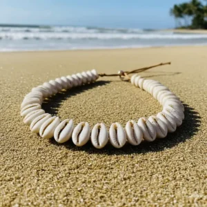 Classic puka shell necklace showing the white, flat, naturally-tumbled shell pieces threaded together.
