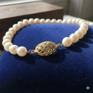 Close-up view of the secure 14k gold clasp on a white pearl necklace.
