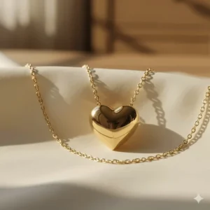 Detailed close-up of the polished 14k gold heart pendant, showcasing the craftsmanship.