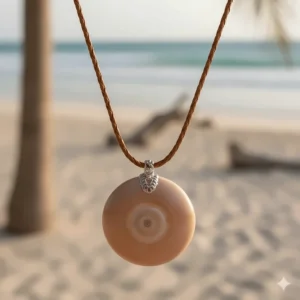 Back view of the polished conch shell pendant necklace, showcasing the natural spiral patterns.