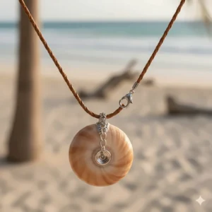 Close-up detail of the durable, adjustable chain and secure lobster clasp on the conch shell necklace.