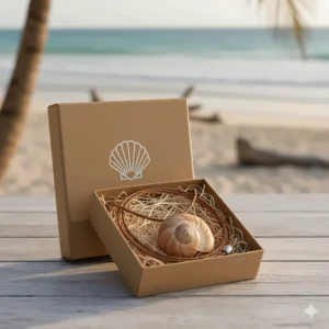 The conch shell necklace elegantly displayed in its eco-friendly, ready-to-gift box.