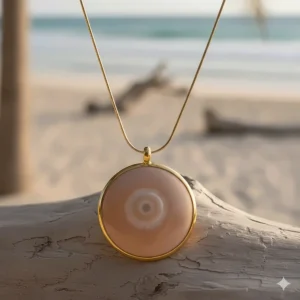 Conch shell necklace with a shiny gold electroplated trim and a simple, elegant chain.