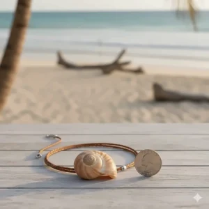 Conch shell necklace pendant shown next to a coin for accurate size comparison.