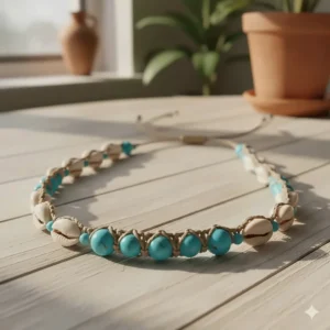 A long, adjustable cowrie shell necklace combined with vibrant blue turquoise beads, reflecting a strong coastal aesthetic.