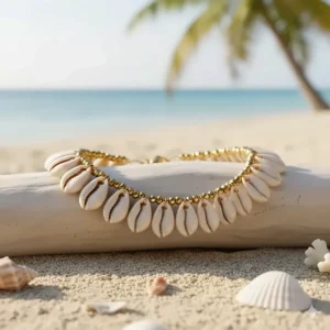 A stylish, handmade cowrie shell choker necklace with gold accents, ideal for trendy layering.