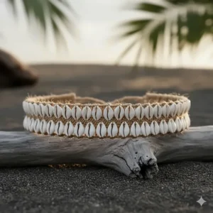 Close-up of a tightly woven cowrie shell choker with small, uniform shells, a popular piece of tribal-inspired jewelry.