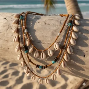 Boho-style layered necklace featuring small cowrie shell accents and other beach-themed beads.