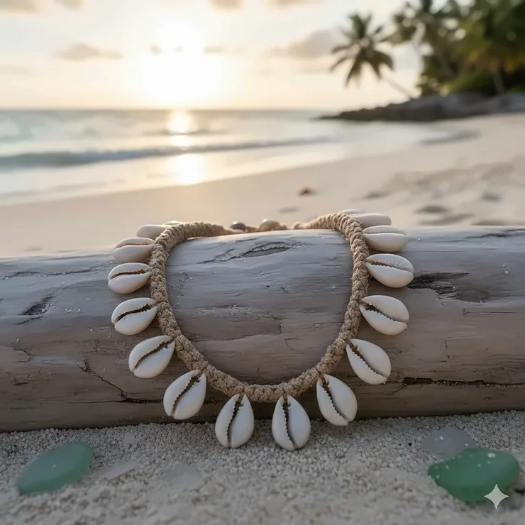 A stunning, handcrafted cowrie shell necklace featuring polished white shells strung on a natural fiber cord, perfect for a bohemian or beach look.