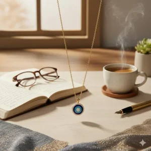 Aesthetic flat lay of a desk with the 14k gold evil eye necklace and a cup of coffee, showcasing everyday protection.