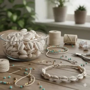 A collection of loose, natural cowrie shells and beading supplies, illustrating materials used to create handcrafted necklaces.