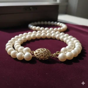 A luxurious double-strand pearl necklace with a 14k gold clasp for an added touch of elegance.