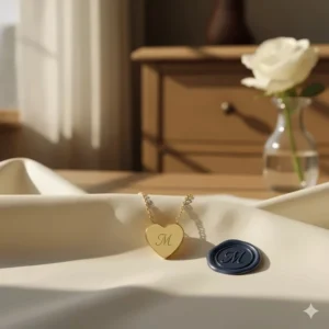 Personalized 14k gold heart necklace with an optional engraved initial on the back.