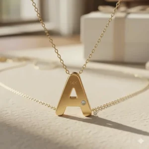 View of the polished back of the initial pendant, often stamped with 14k gold mark.