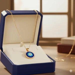 The 14k gold evil eye necklace presented in a luxury gift box, ready for gifting.