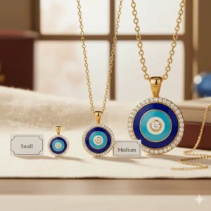 Comparison image showing the three available sizes of the 14k gold evil eye necklace charm.