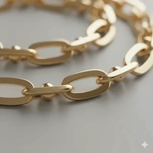 Macro shot detailing the classic flat link pattern of the Italian-made 14k gold Figaro necklace.