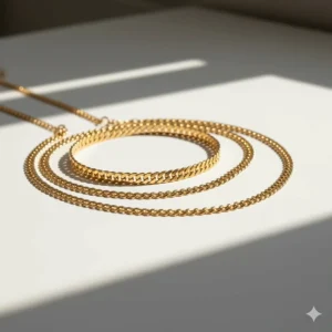 A layered group of three different chain lengths of the beautiful 14k gold Figaro necklace on a white background.