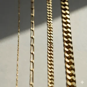 Side-by-side comparison illustrating the width and thickness of the 14k gold Figaro necklace links.