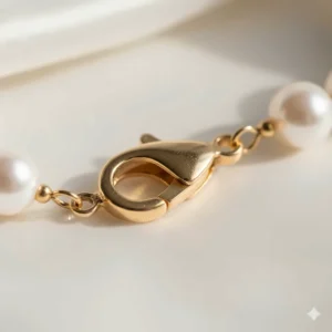 Detailed shot of the durable and safe lobster clasp mechanism made of 14k gold for the pearl necklace.