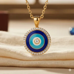 Close-up view of the intricate 14k gold evil eye pendant, highlighting the craftsmanship and central gemstone.