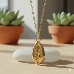 A modern gold-plated charm shaped like a cowrie shell, hanging from a delicate chain, an alternative to a traditional shell necklace.
