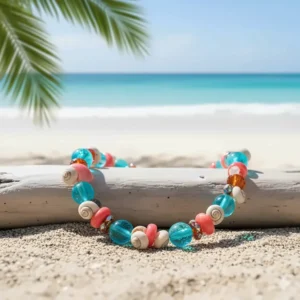 Artisan handmade beaded shell necklace incorporating colorful glass beads and small spiral shells.