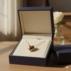 The 14k gold heart necklace presented beautifully in a luxury velvet gift box.