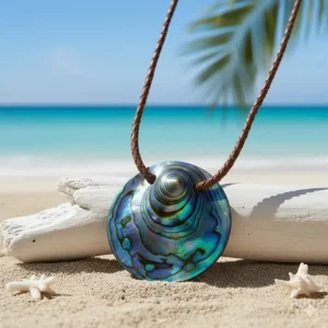 Bold, eye-catching large statement shell necklace featuring a single, polished abalone shell pendant.