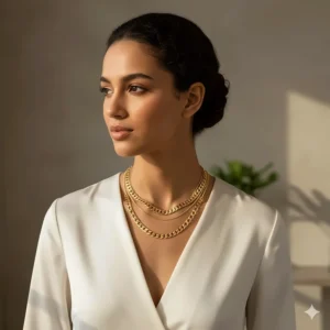 Elegant look featuring the 14k gold Figaro necklace layered with other gold chains for a sophisticated stack.