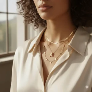 Example of how to style a 14k gold initial necklace by layering it with other fine jewelry.