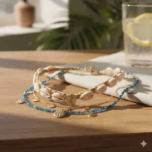 Two cowrie shell necklaces layered with other gold chains and beads for a trendy, stacked summer jewelry look.
