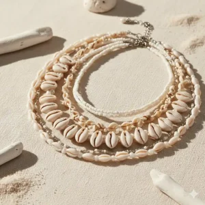 Collection of beautiful layered white shell necklaces with different lengths and styles, showing a popular bohemian aesthetic.