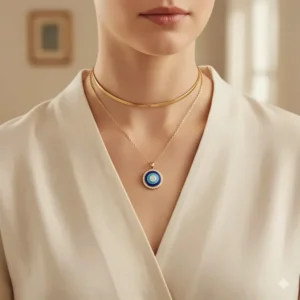 Stylish jewelry layering idea featuring the 14k gold evil eye necklace paired with a simple gold choker.