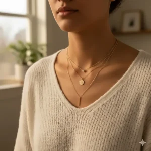 Stylish layered look combining three 14k gold pendant necklaces of varying lengths and styles, perfect for stacking.