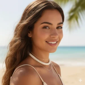 Layering example: the puka shell necklace styled with a simple gold chain for a trendy, stacked look.