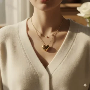 Trendy layered look featuring the 14k gold heart necklace paired with other fine jewelry.